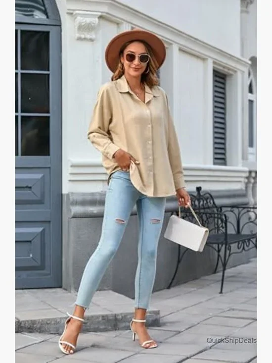 Oversized Button Down Shirt Long Sleeve Gauze Top Casual Blouse - Picture 5 of 7
